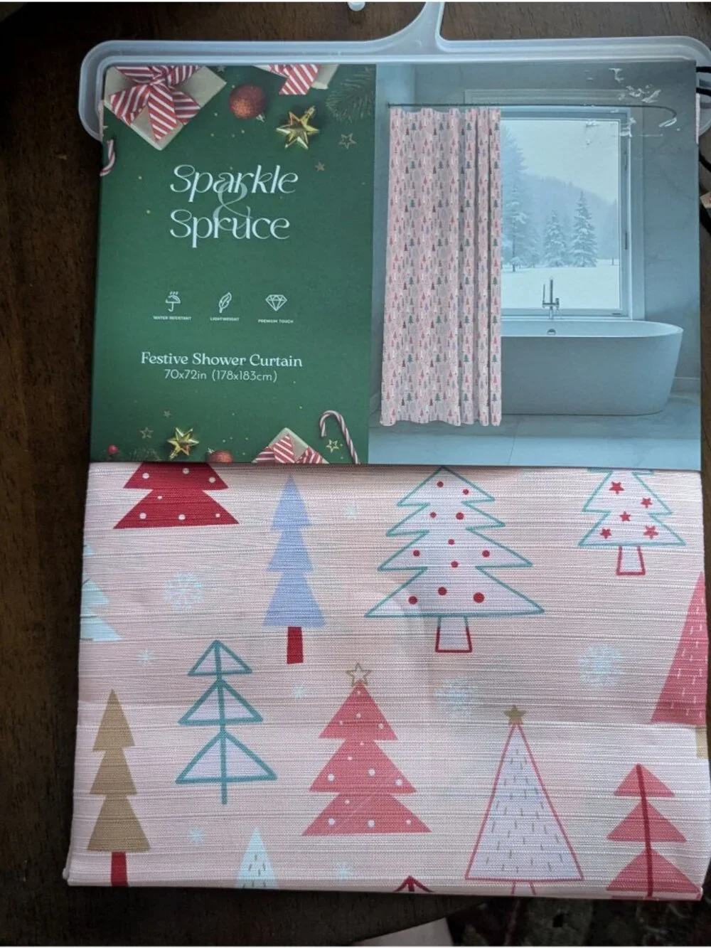 Sparkle & Spruce Festive Shower Curtain 70x72 Inches Pink Christmas Tree Pattern